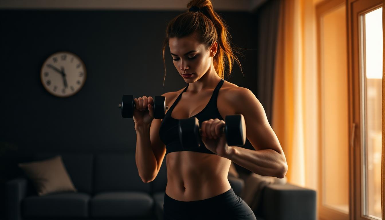 Frau beim Hanteltraining zuhause